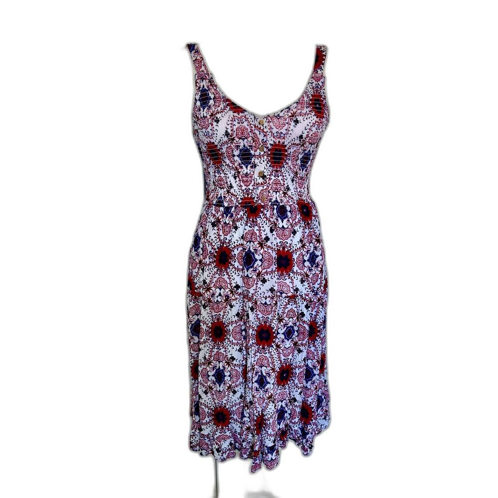 Japna Women's Smocked Dress in Patriotic Colors Body Con Fit and Flare Size S